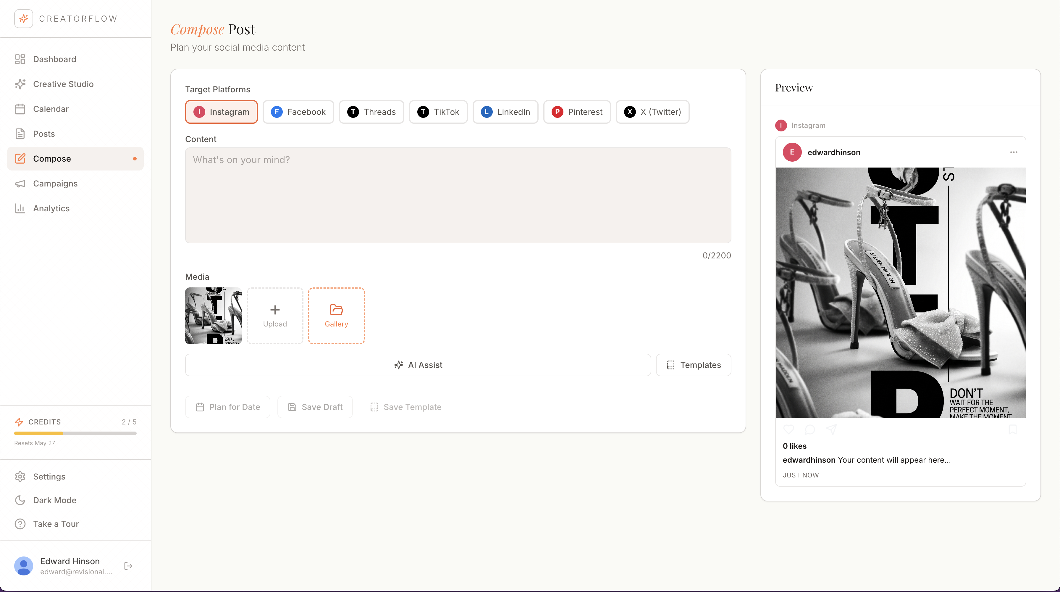 CreatorFlow social media interface preview